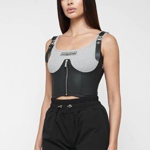 Manière de Voir Vegan Leather Corset Crop Top - Grey UK 8